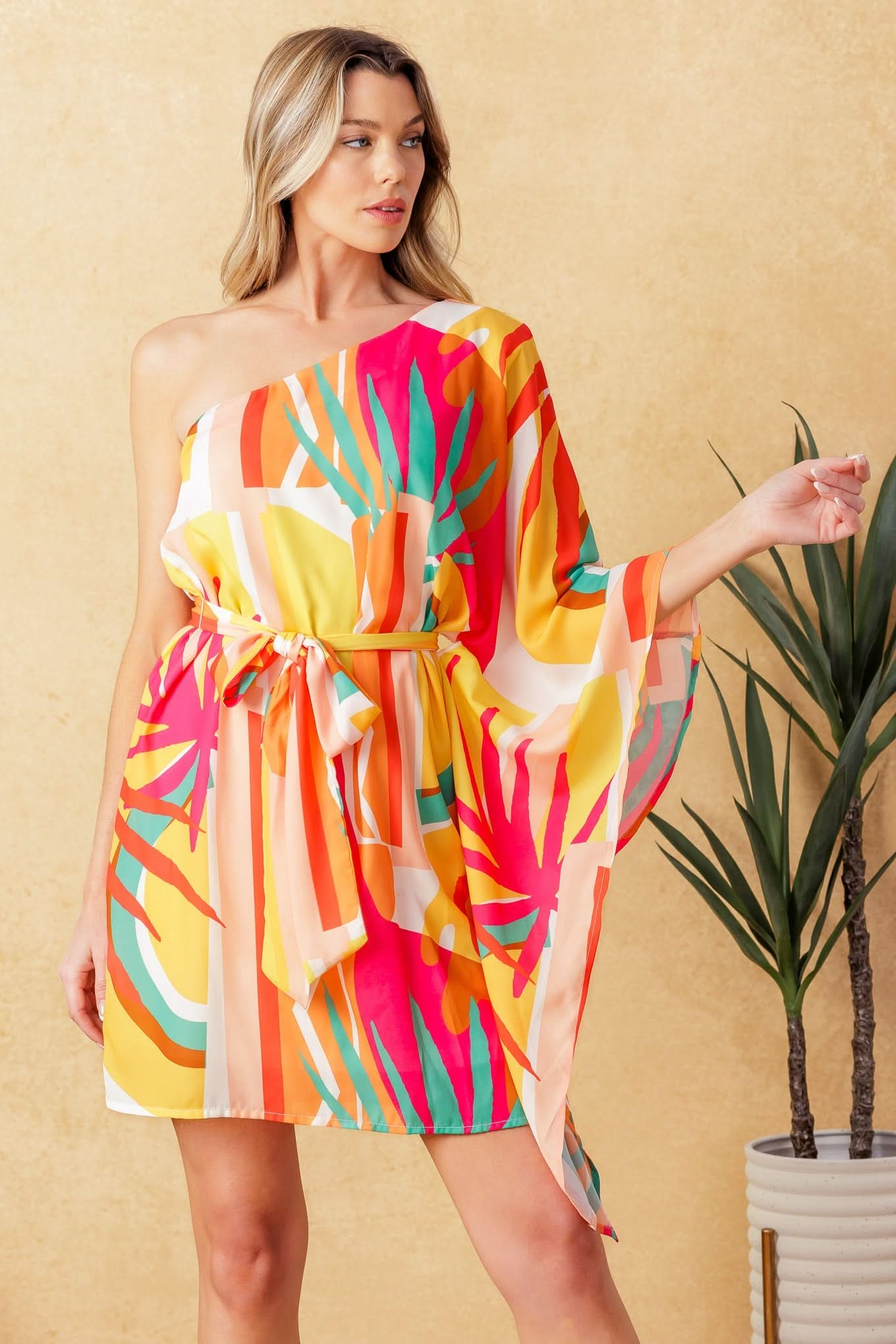 One-Shoulder Printed Kaftan Mini Dress