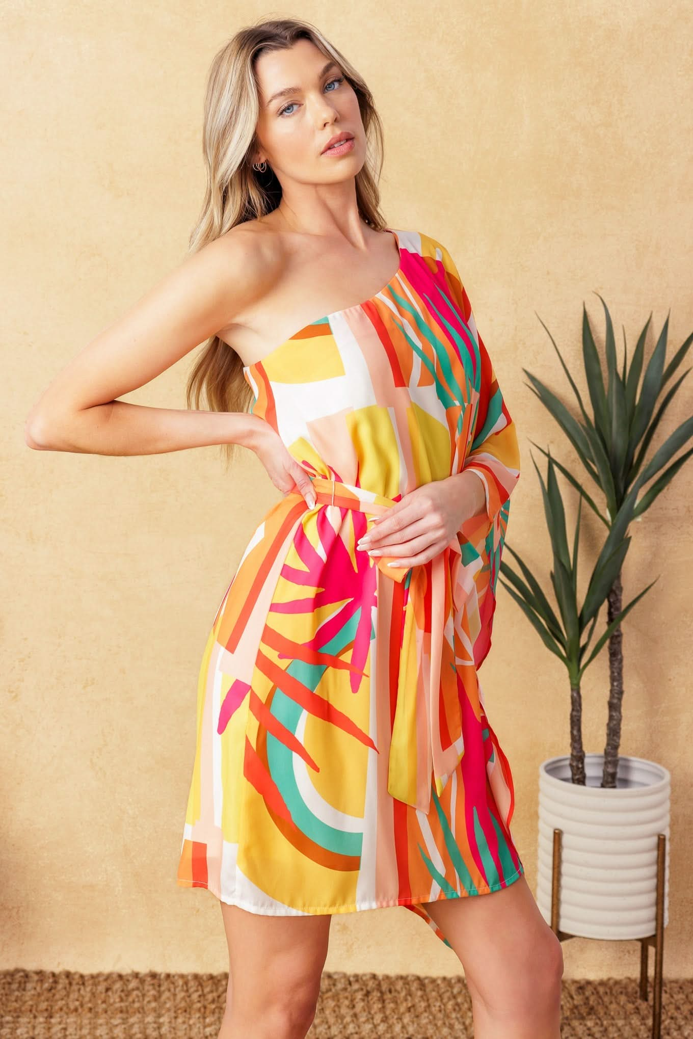 One-Shoulder Printed Kaftan Mini Dress