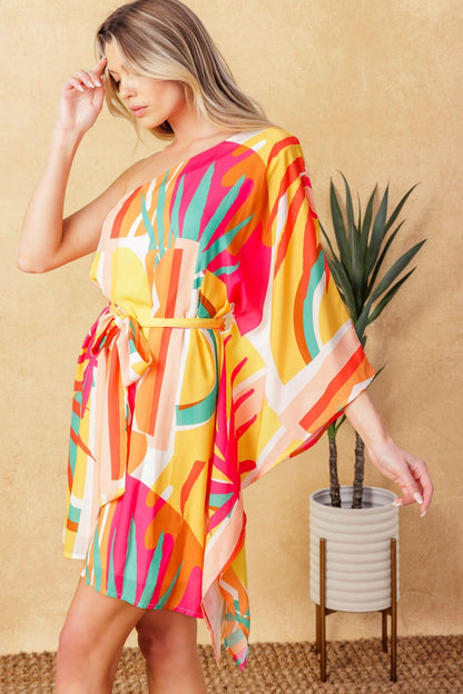 One-Shoulder Printed Kaftan Mini Dress