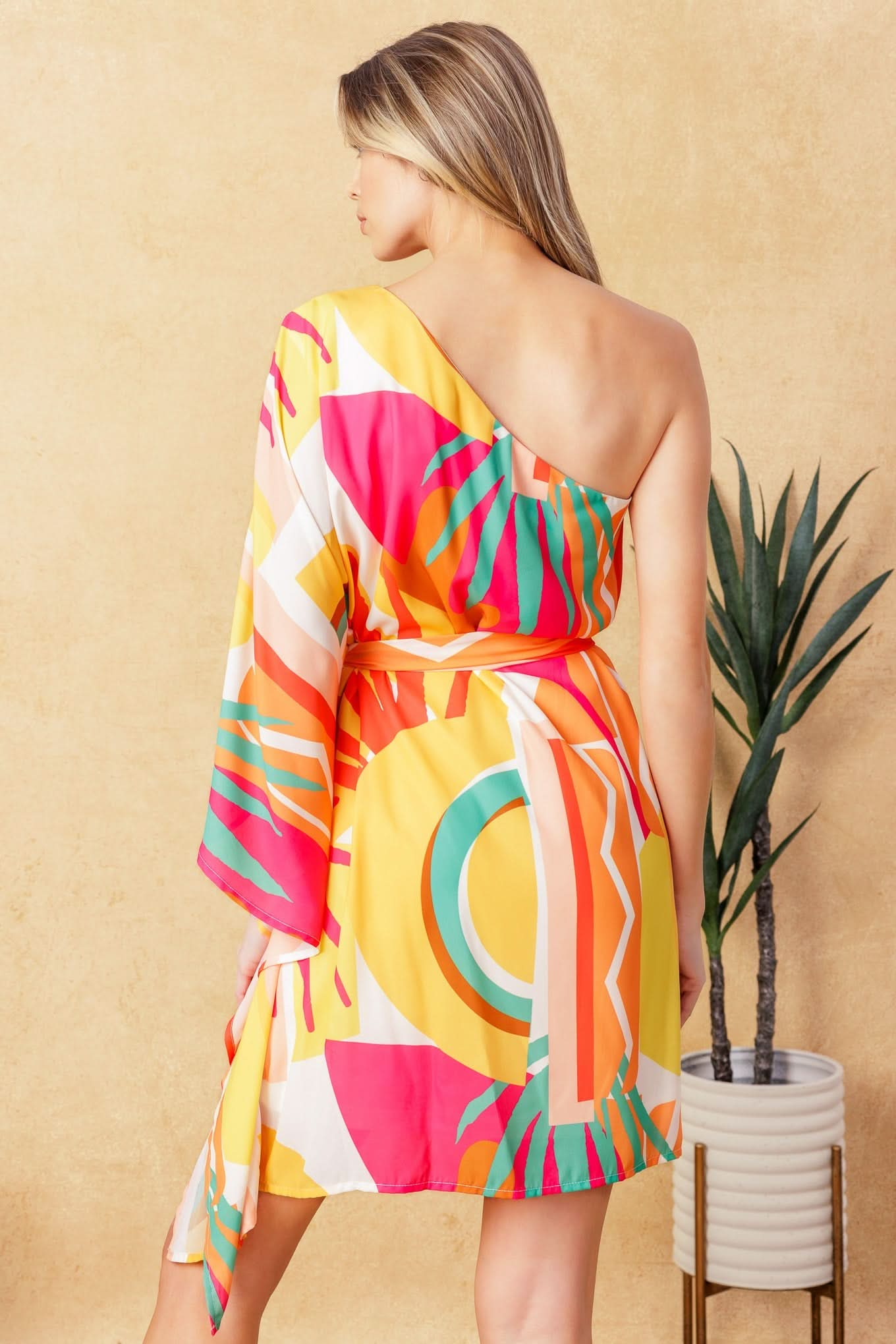 One-Shoulder Printed Kaftan Mini Dress