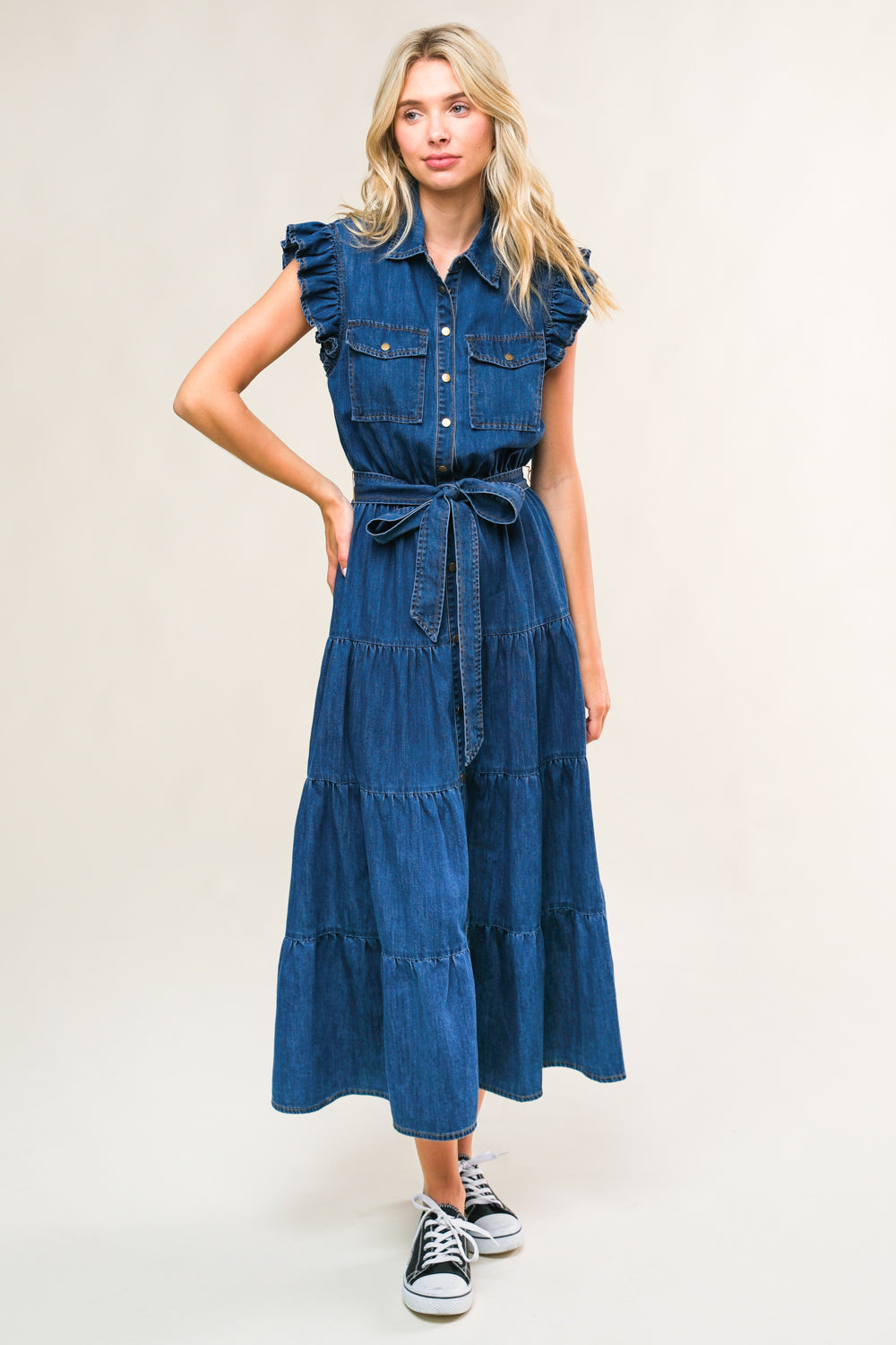 FAN FAVORITE WOVEN DENIM MIDI DRESS Flying Tomato