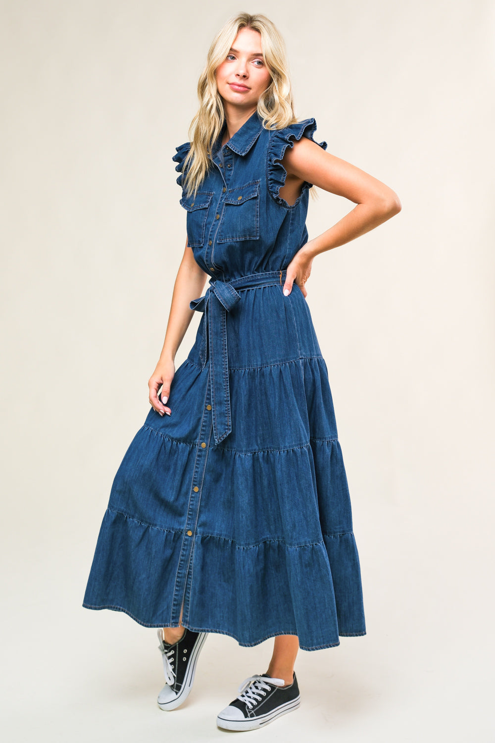 FAN FAVORITE WOVEN DENIM MIDI DRESS Flying Tomato