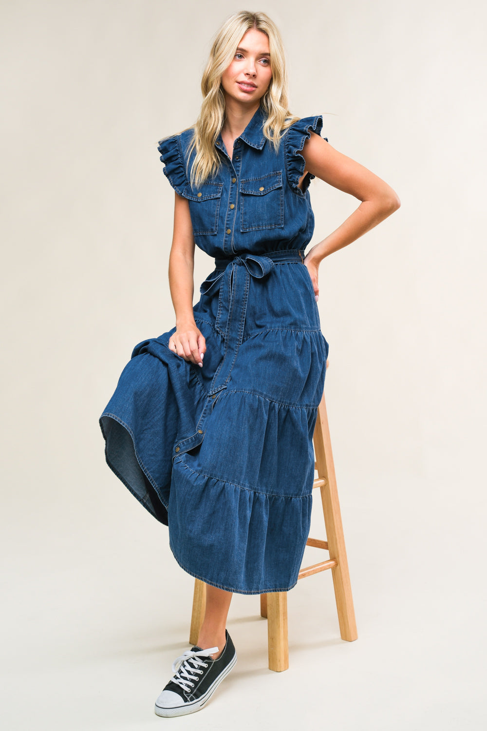 FAN FAVORITE WOVEN DENIM MIDI DRESS Flying Tomato
