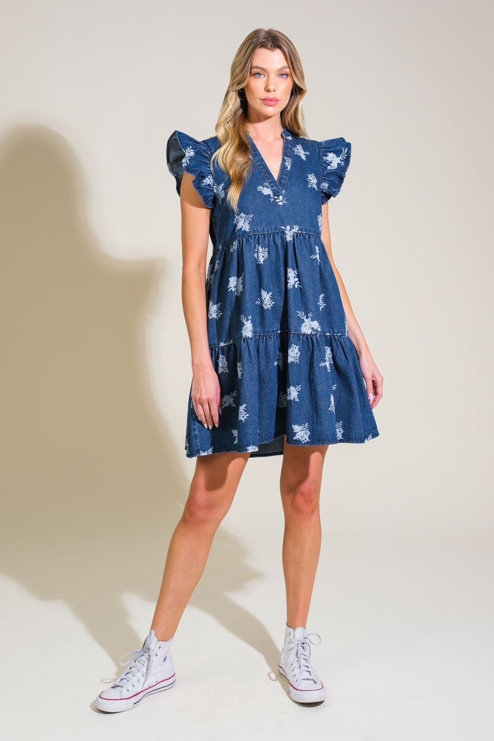 ROMANTICALLY ENTANGLED DENIM MINI DRESS