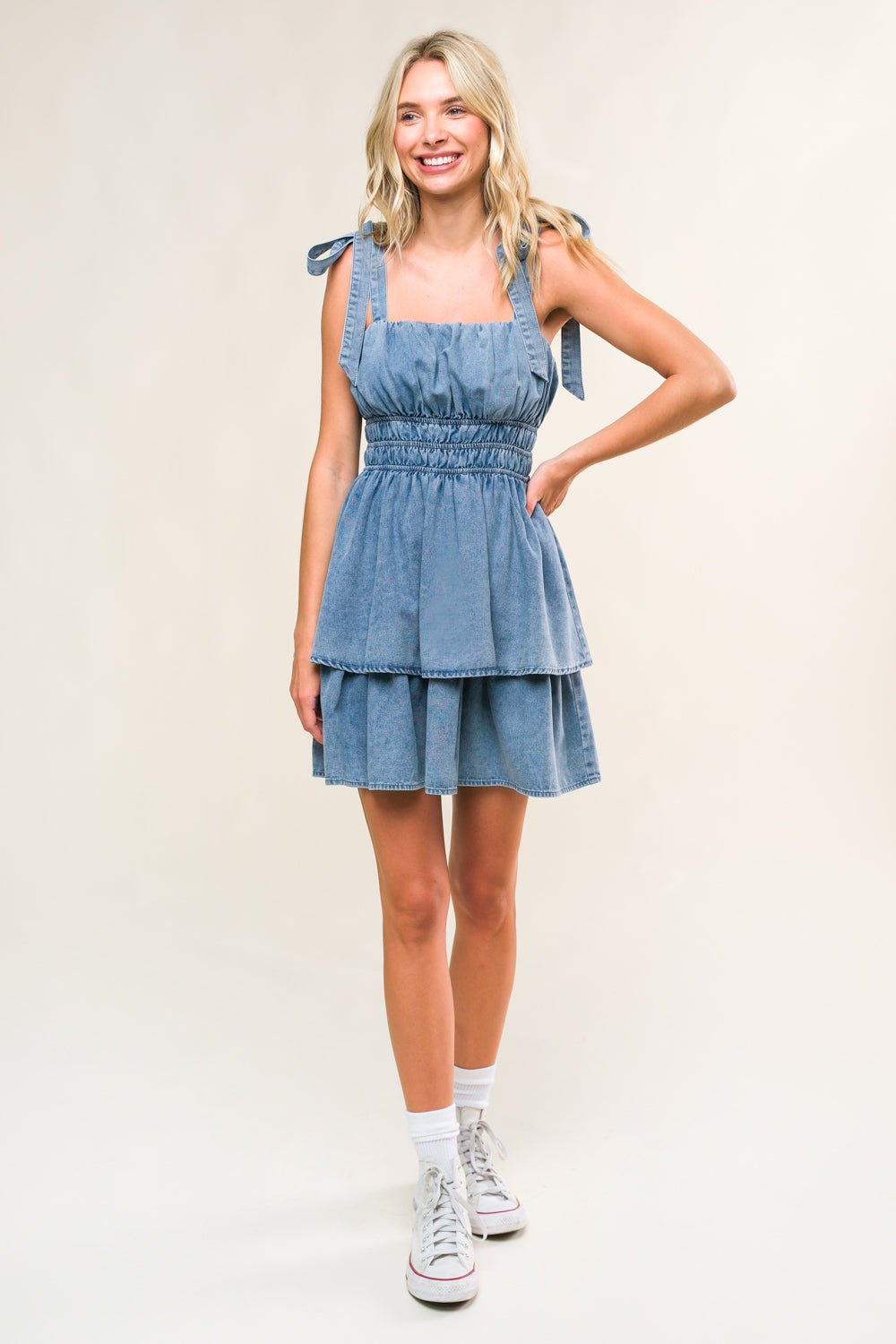 ALONG THE SHORELINE DENIM MINI DRESS Flying Tomato