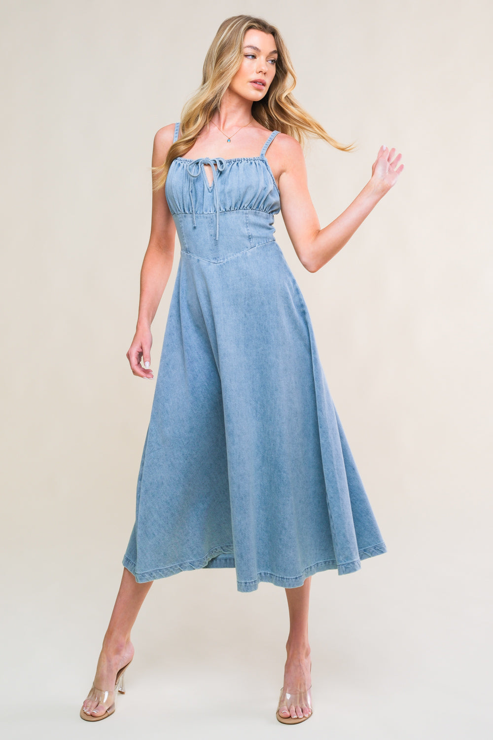 GORGEOUS ADORNMENT DENIM MINI DRESS Flying Tomato