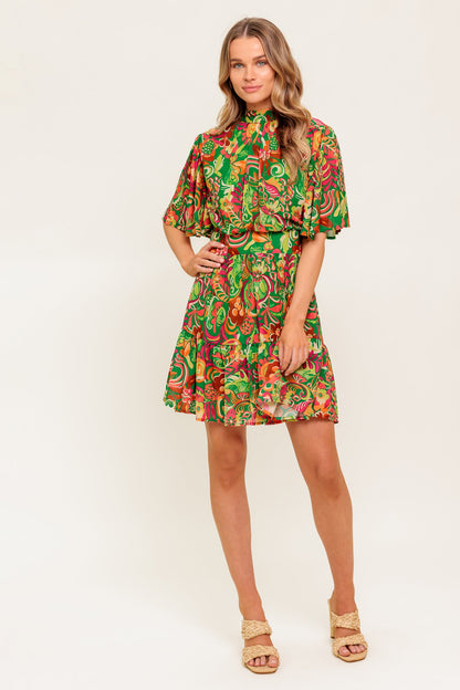 Printed Woven Mini Dress With High Neck Open Back Zipper