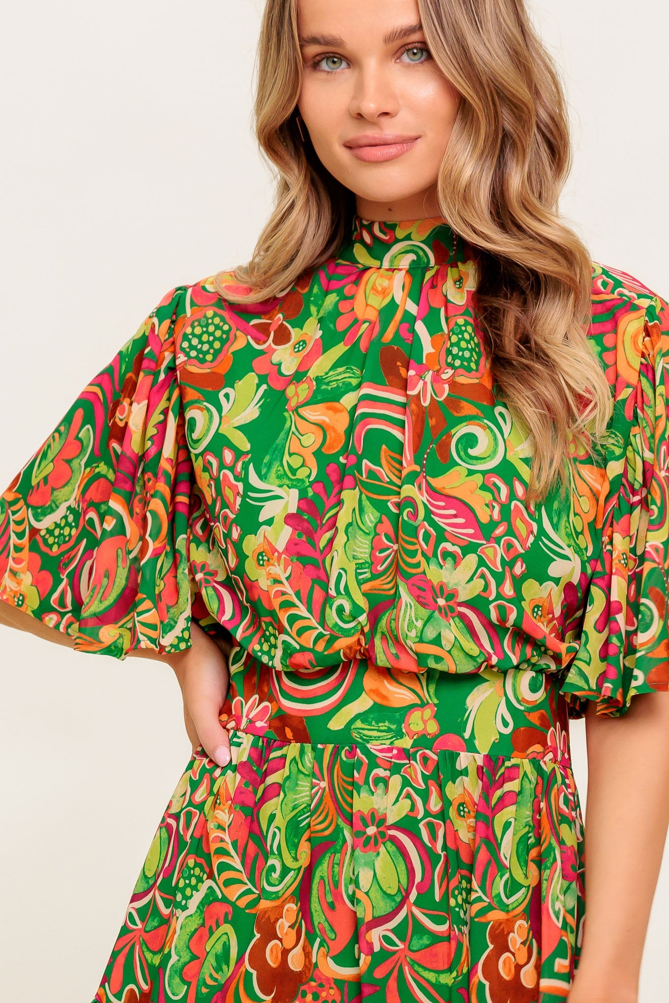 Printed Woven Mini Dress With High Neck Open Back Zipper