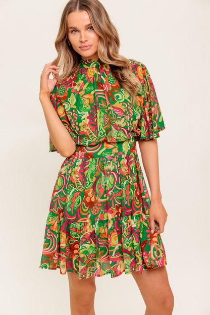 Printed Woven Mini Dress With High Neck Open Back Zipper