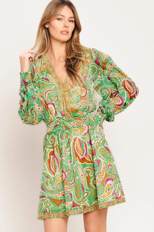 Time Spent Together Printed Woven Mini Dress With V Neck Long Sleeve Flying Tomato