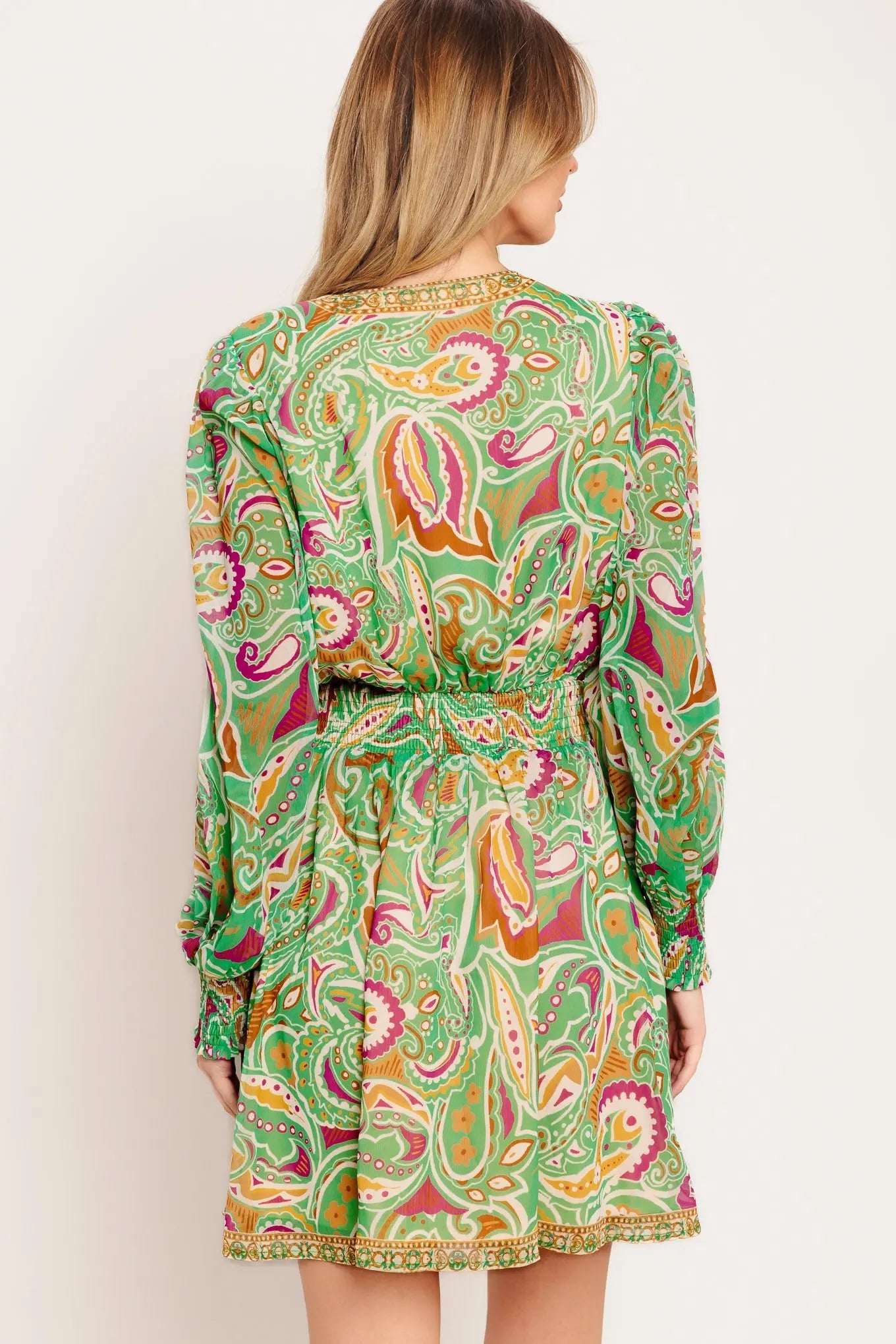 Time Spent Together Printed Woven Mini Dress With V Neck Long Sleeve Flying Tomato