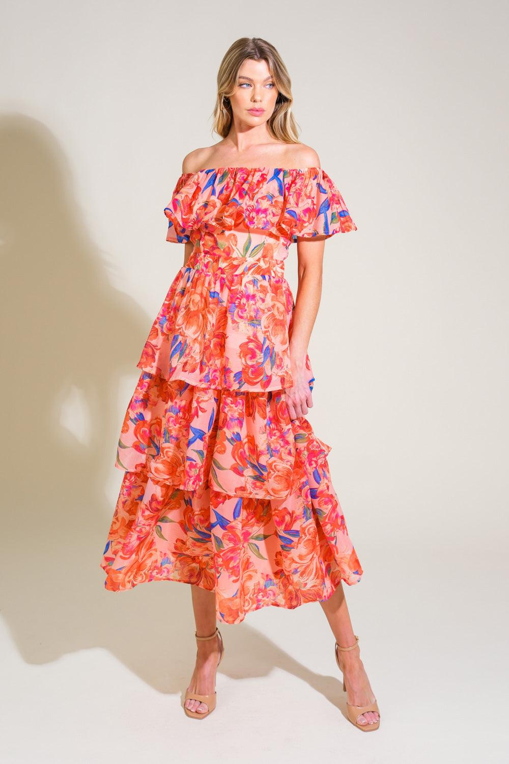 Detailed view of the Flying Tomato STROLL THE AVENUES Woven Midi Dress, emphasizing its quality woven fabric and elegant patt