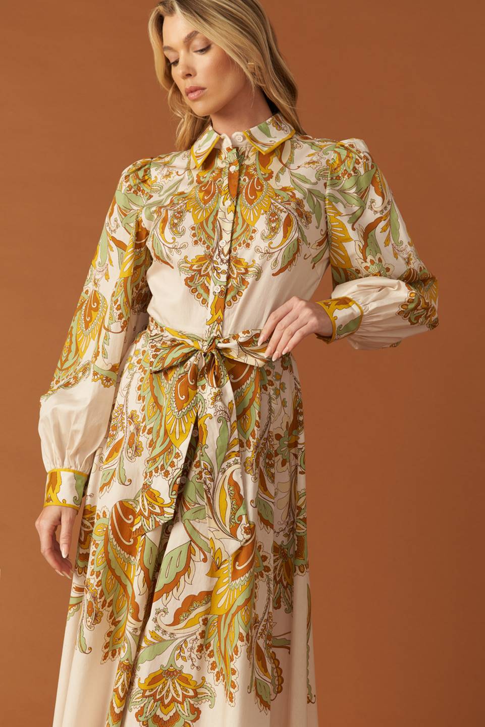 FIELDS OF GOLD WOVEN MIDI SHIRT DRESS