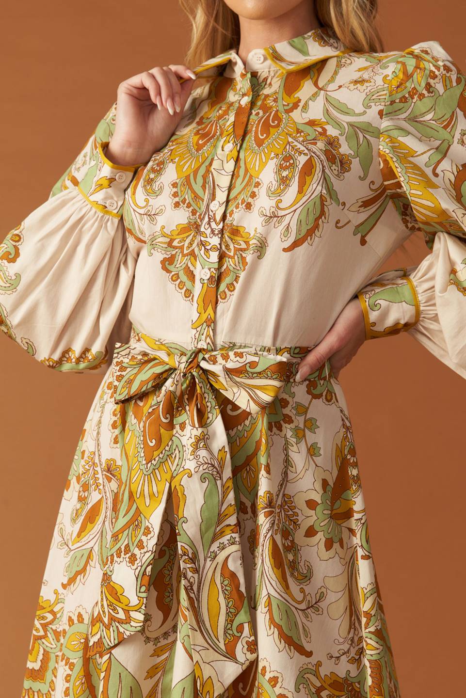 FIELDS OF GOLD WOVEN MIDI SHIRT DRESS