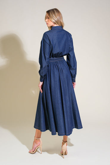 ROMANTICALLY SPEAKING DENIM MIDI DRESS