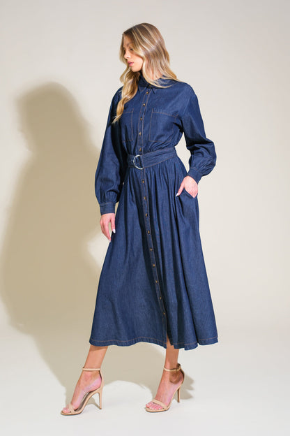 ROMANTICALLY SPEAKING DENIM MIDI DRESS