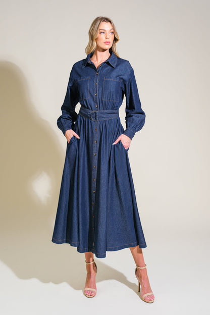 ROMANTICALLY SPEAKING DENIM MIDI DRESS