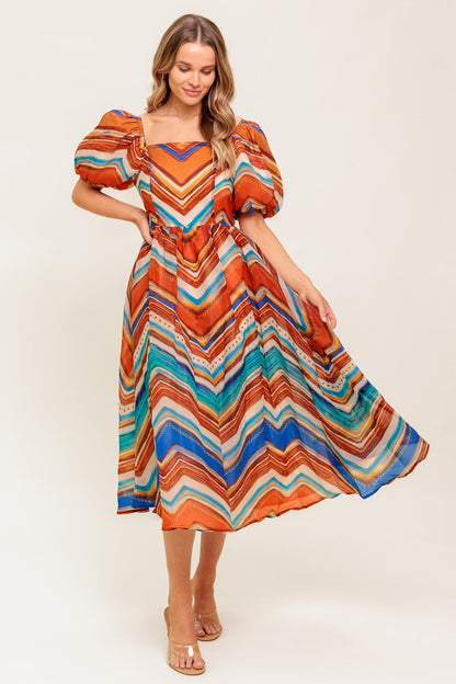 Printed Woven Midi Dress With Square Neck And Puff Sleeves