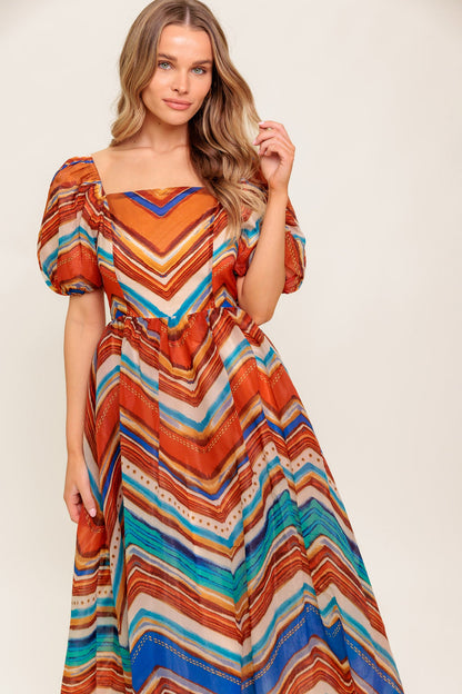 Printed Woven Midi Dress With Square Neck And Puff Sleeves
