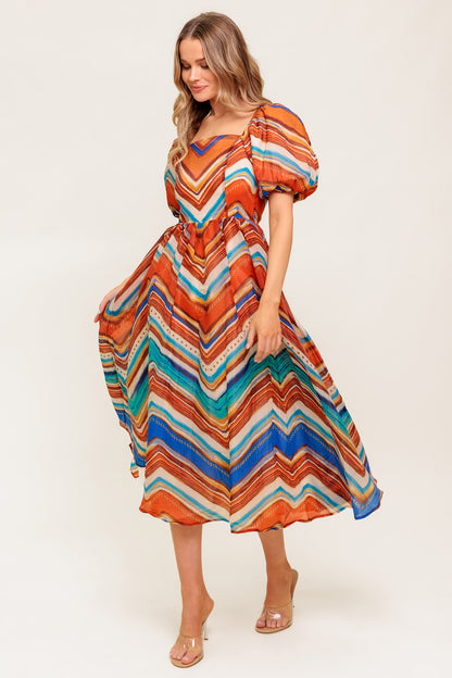 Printed Woven Midi Dress With Square Neck And Puff Sleeves