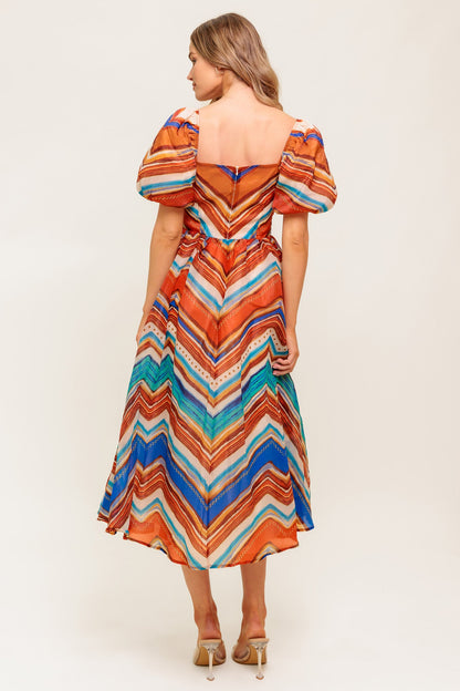 Printed Woven Midi Dress With Square Neck And Puff Sleeves