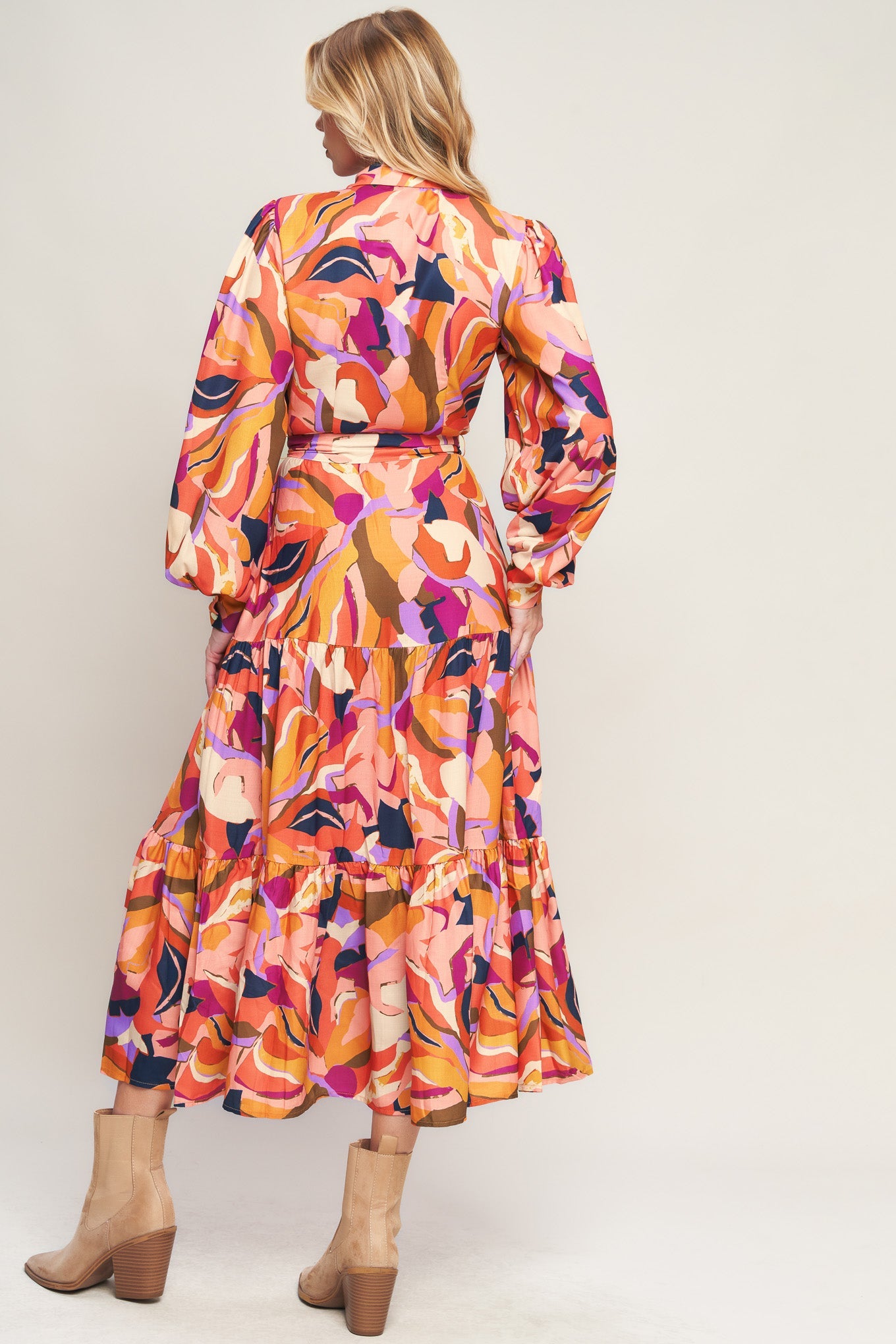 Rosewood Romance Printed Woven Midi Dress With Shirt Collar Long Sleeves Self Sash Tie Tiered Skirt Polyester