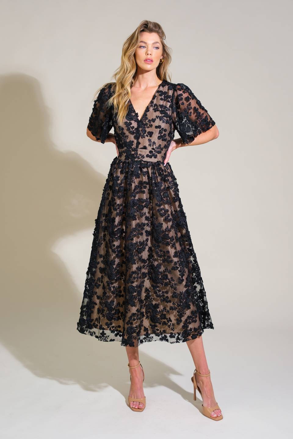 DREAMY BLOSSOM WOVEN LACE MIDI DRESS Flying Tomato