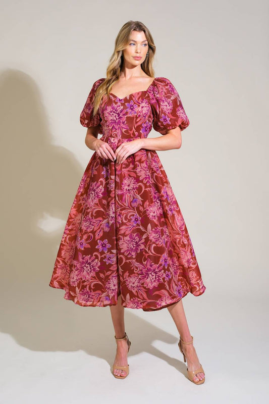 RADIANT DAY FLORAL WOVEN MIDI DRESS Flying Tomato