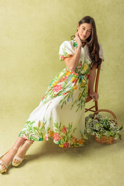 Much To Do Woven Midi Dress With Puff Sleeves And Sash