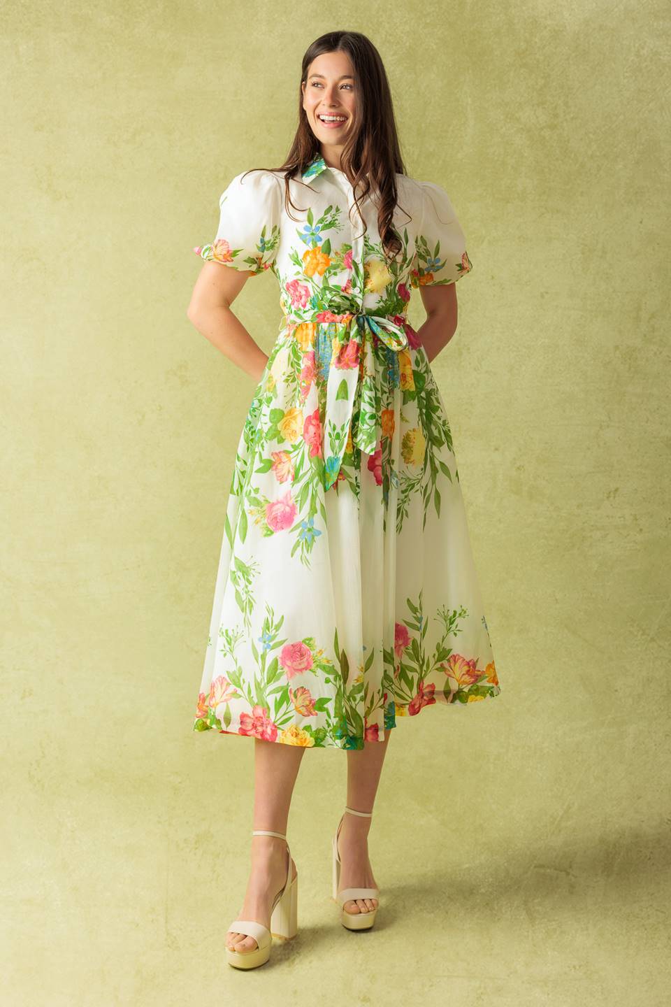 Much To Do Woven Midi Dress With Puff Sleeves And Sash