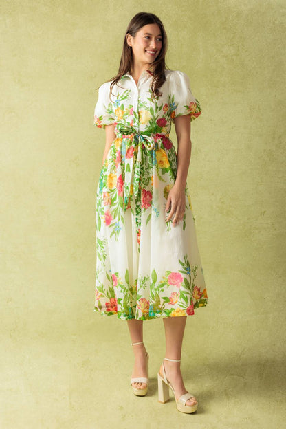 Much To Do Woven Midi Dress With Puff Sleeves And Sash