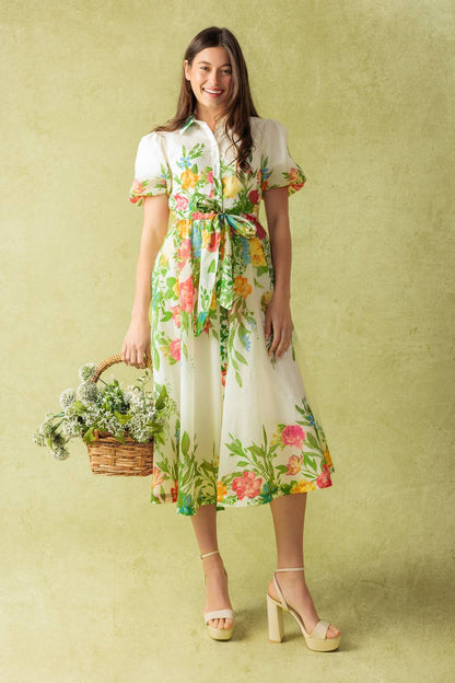 Much To Do Woven Midi Dress With Puff Sleeves And Sash