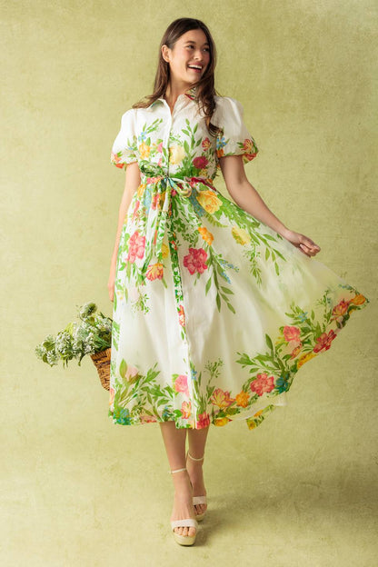 Much To Do Woven Midi Dress With Puff Sleeves And Sash