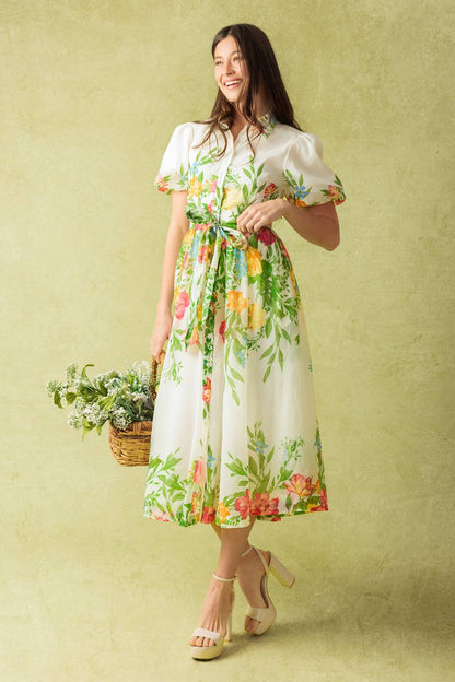 Much To Do Woven Midi Dress With Puff Sleeves And Sash