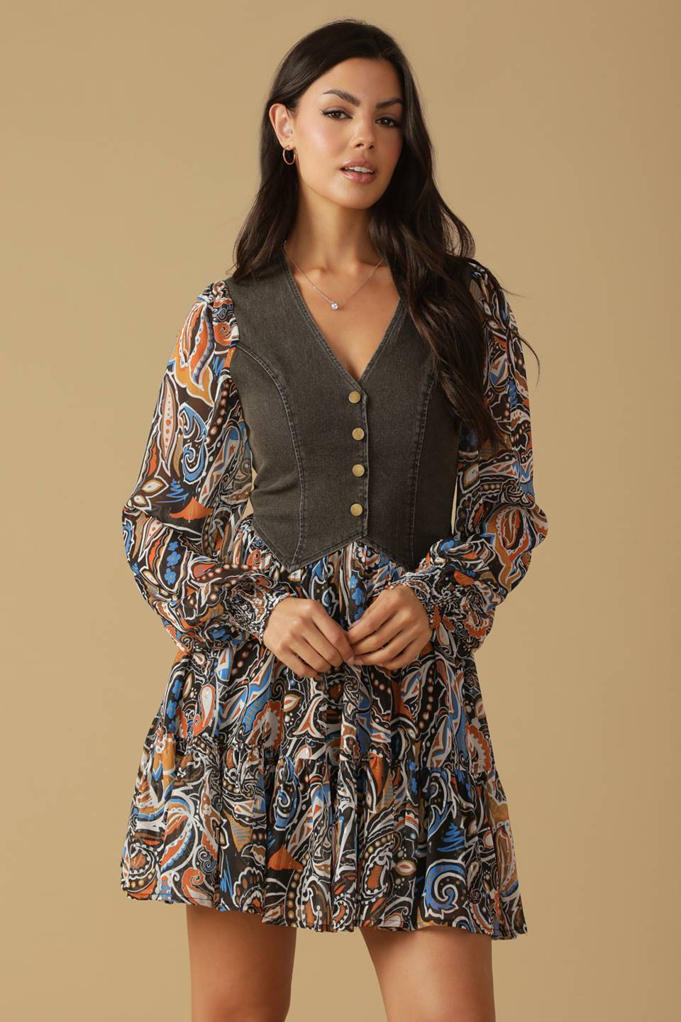 SAVOR THE SEASON WOVEN AND DENIM MINI DRESS Flying Tomato