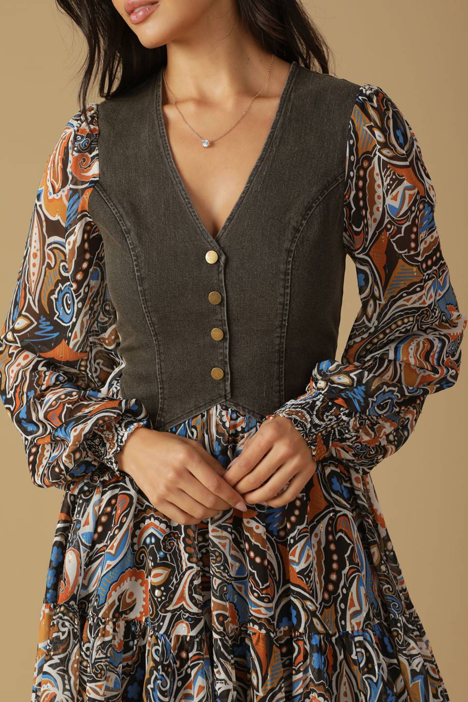 SAVOR THE SEASON WOVEN AND DENIM MINI DRESS Flying Tomato