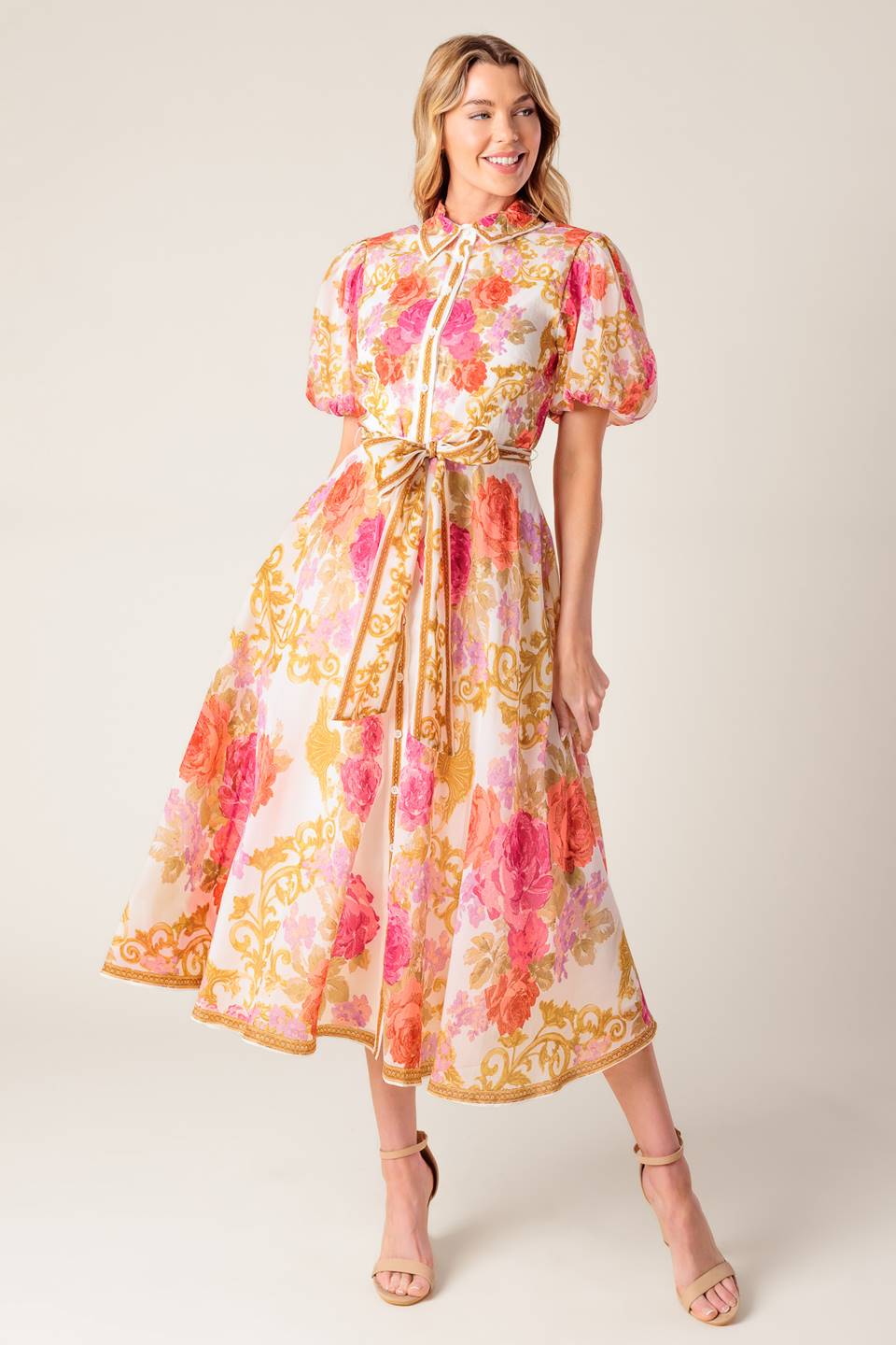 MAKING IT RIGHT IVORY FLORAL WOVEN MIDI DRESS Flying Tomato