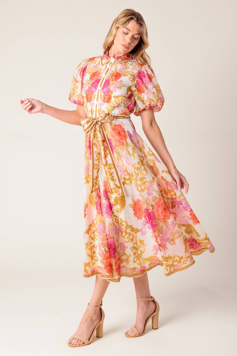 MAKING IT RIGHT IVORY FLORAL WOVEN MIDI DRESS Flying Tomato