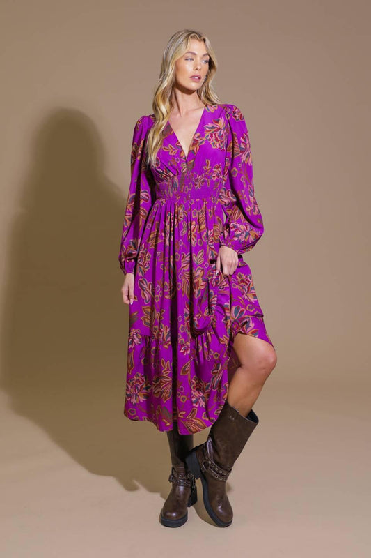 Flying Tomato Elegantly Elevated Woven Midi Dress, full view, showcasing its sophisticated design and quality woven fabric.