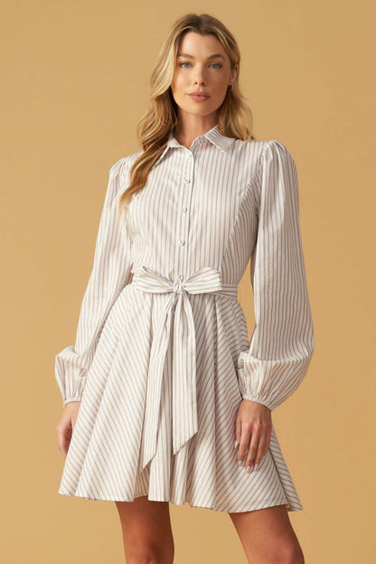 Chic Striped Woven Mini Dress with Collar and Sash Tie