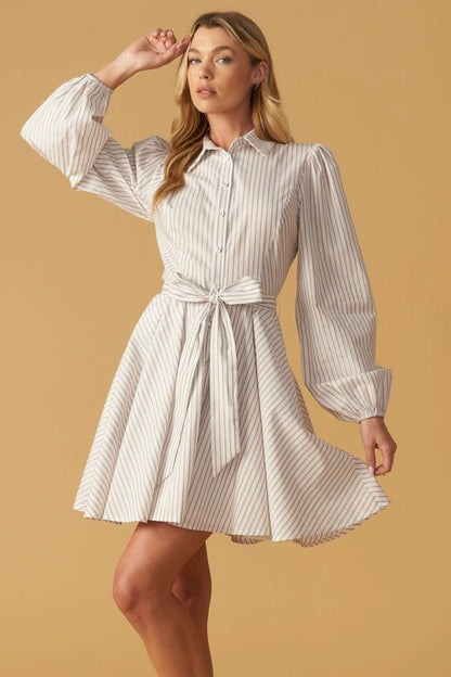 Chic Striped Woven Mini Dress with Collar and Sash Tie