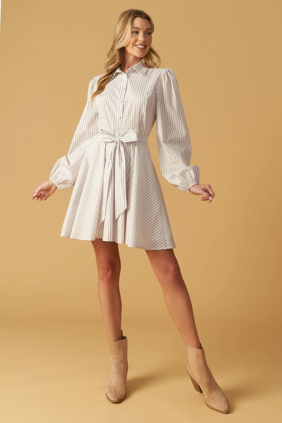 Chic Striped Woven Mini Dress with Collar and Sash Tie