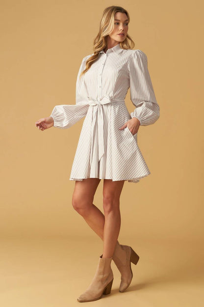 Chic Striped Woven Mini Dress with Collar and Sash Tie