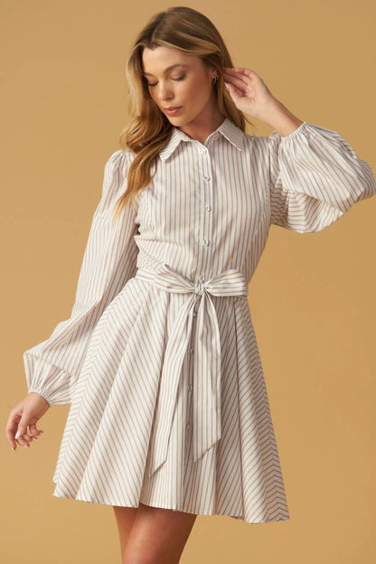 Chic Striped Woven Mini Dress with Collar and Sash Tie