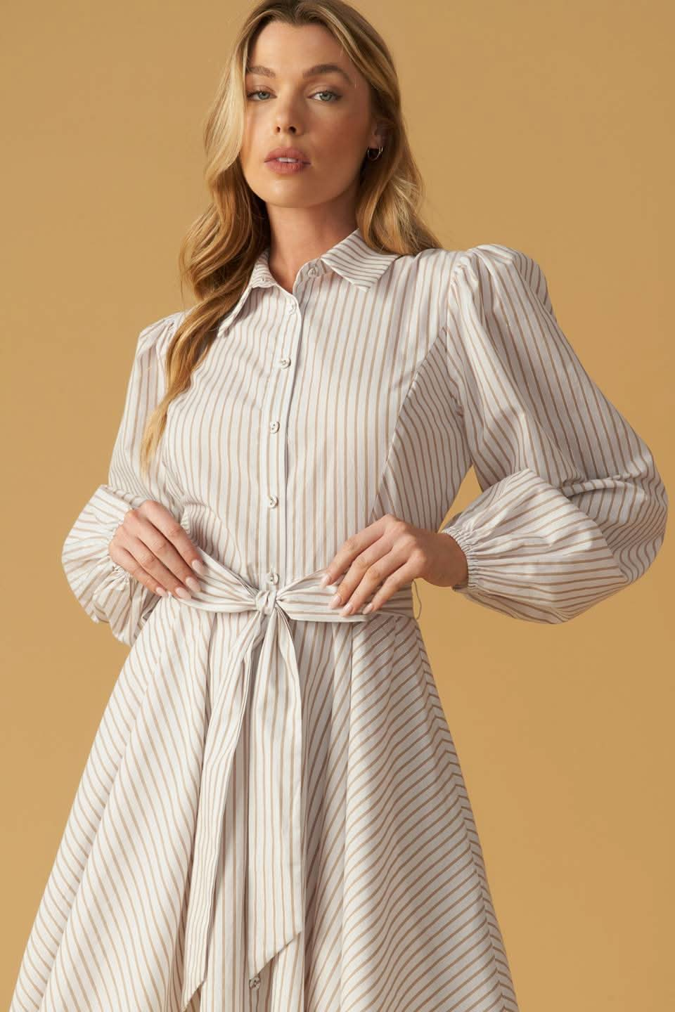 Chic Striped Woven Mini Dress with Collar and Sash Tie