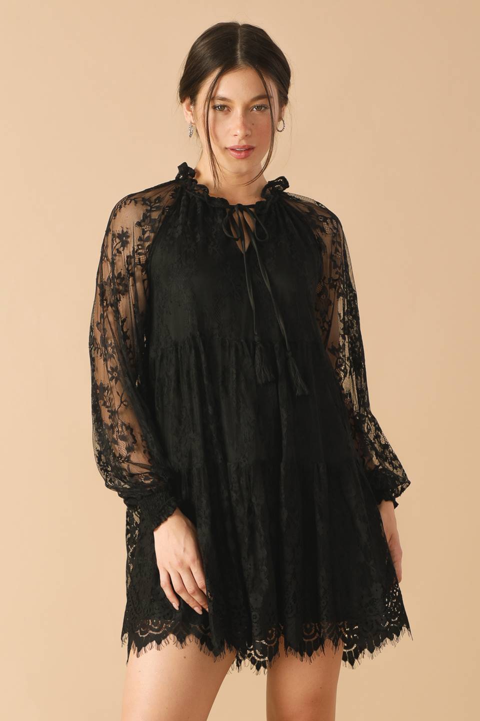 THIS & THAT BLACK WOVEN LACE MINI DRESS Flying Tomato