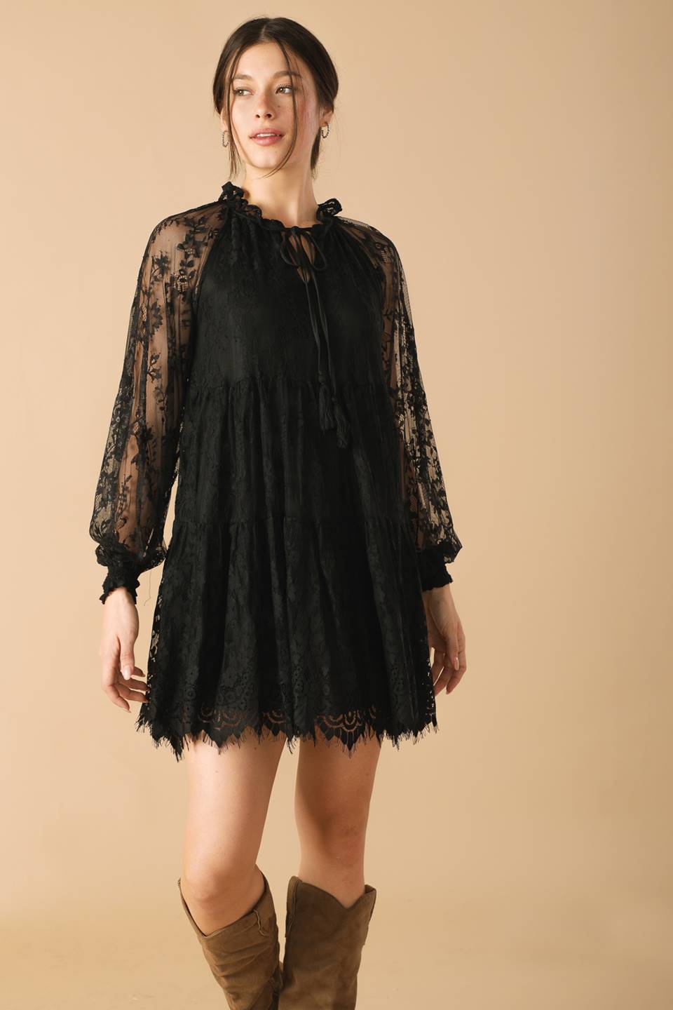THIS & THAT BLACK WOVEN LACE MINI DRESS Flying Tomato