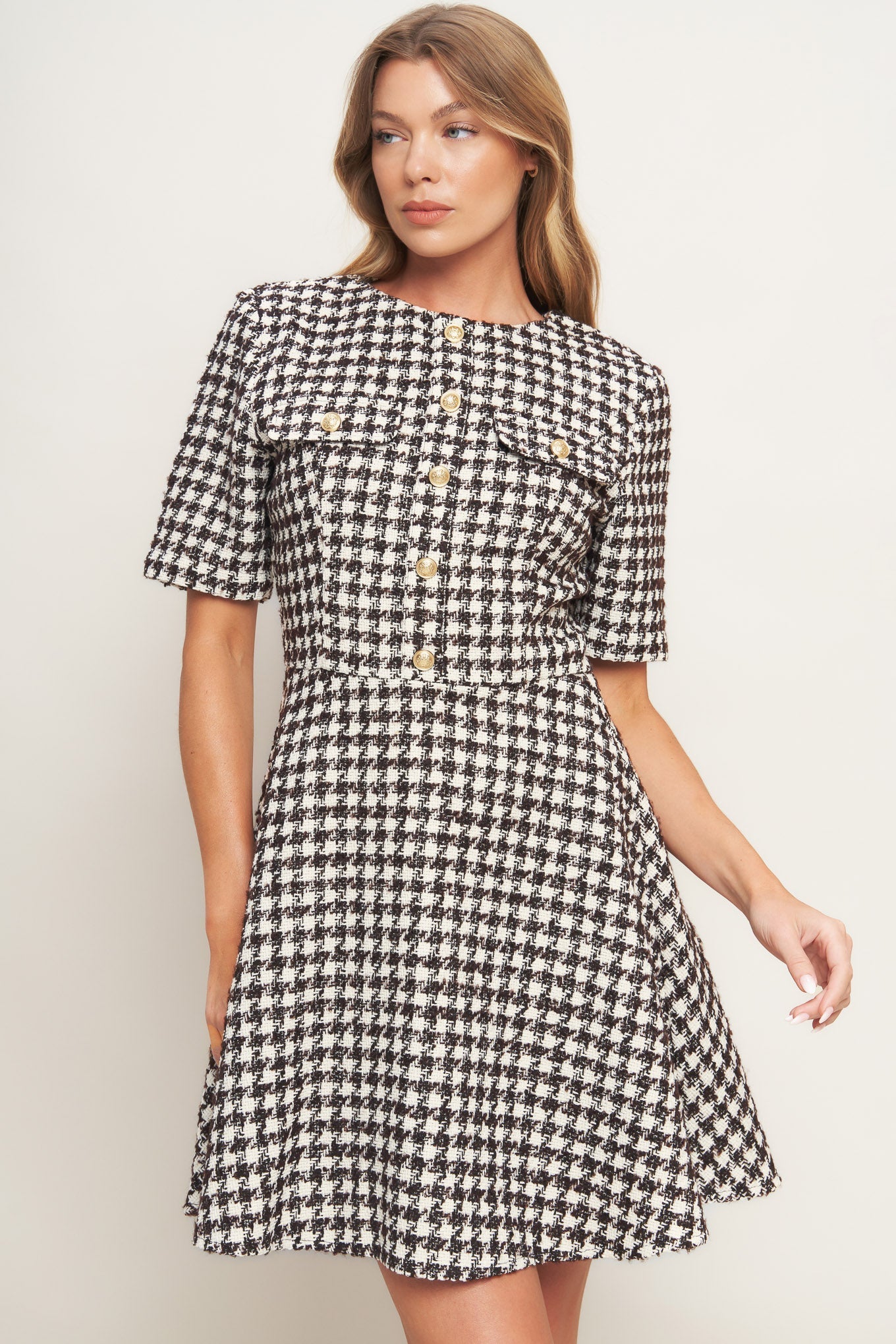 ELEGANT CHECK TWEED MINI DRESS Flying Tomato