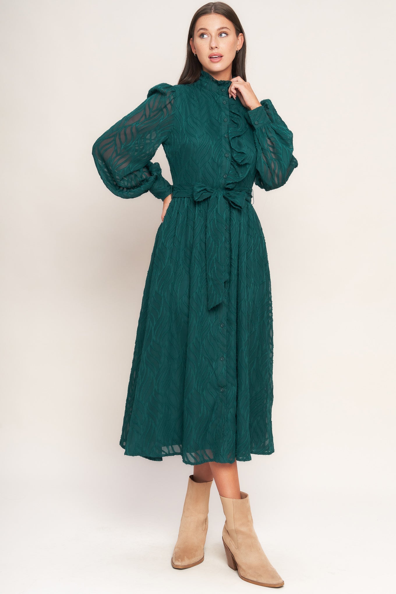 EMERALD WHISPER WOVEN MIDI DRESS
