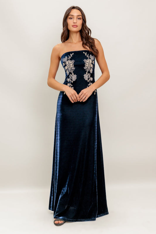 VELVET ELEGIA NAVY MAXI DRESS Flying Tomato
